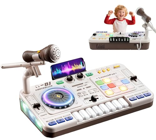 DJ Pult Kinder DJ Mischpult Kinder mit Mikrofon | Bluetooth Akku, 100 Soundeffekten, mit Aufnahmefunktion Interaktives Musik-Lernspielzeug für Jungen Mädchen 3-12 Jahre