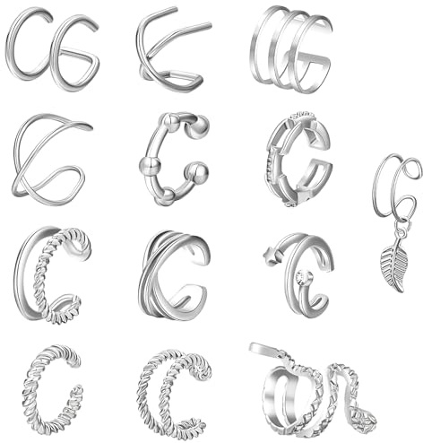 13 Stück Ohrringe Ohne Ohrloch, Silber Ohrclips Damen Ohne Ohrlöcher, Verstellbare Fake Helix Knorpel Wrap Cuff Ohrringe Ohrklemme, Ear Cuff Silber für Damen