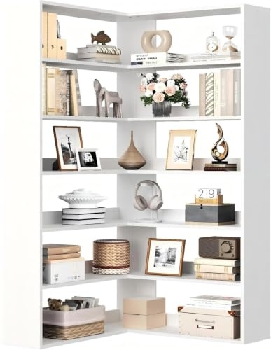 IRONCK Bücherregal 6 Ebenen Eckregal 180cm Hoch Standregal Holz L-förmiges offenes Regal, Aufbewahrungsregal für Arbeitszimmer, Büro, Wohnzimmer, Schlafzimmer (Weiß)