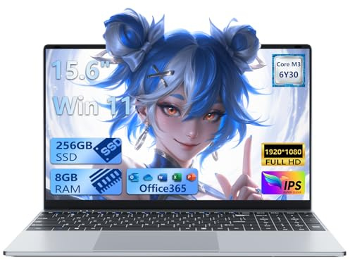 Ordenador Portátil 15.6 Pulgadas - PC Portátil Win 11, 8GB RAM 256GB SSD, Laptop con Procesador Core M3-6Y30, Computadora Portatil Delgada Pantalla FHD abatible de 180° Mini-HDMI 2*USB3.0 WiFi5 BT4.2