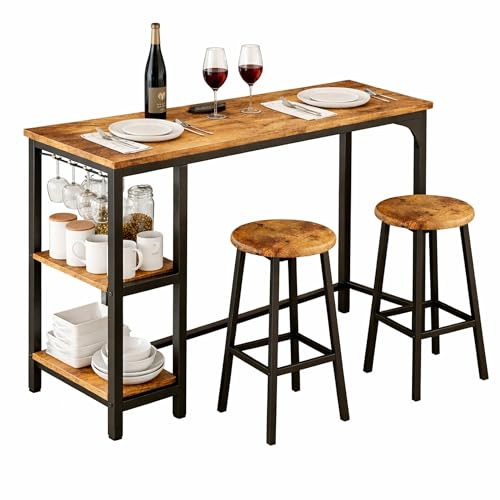 Blishom Ensemble Table de Bar, Set de Bar 3 pièces avec 2 tabourets de Bar, Table de Bar pour Cuisine avec 2 étagères et Porte-Verres, Table de pub Multifonction pour Salon et Salle à Manger (Rétro)