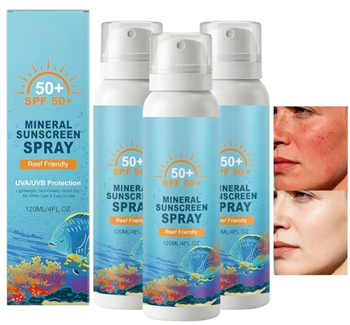 Reef Safe Mineral Sonnenspray SPF 50 – Breitspektrum UVA/UVB Schutz, Sonnenschutzspray mit Zinkoxid, Ohne Weißfilm, Wasserfest, Leichte & Schnelltrocknende Textur, für Gesicht & Körper, 120ml (3PCS)
