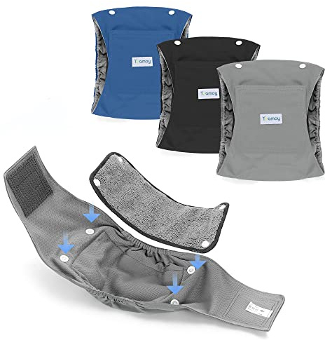 Teamoy Belly Bands for Male Dogs with Removable Pads, Reusable Washable Puppy Dog Diaper Wraps with Gray Lining(Pack of 3),S