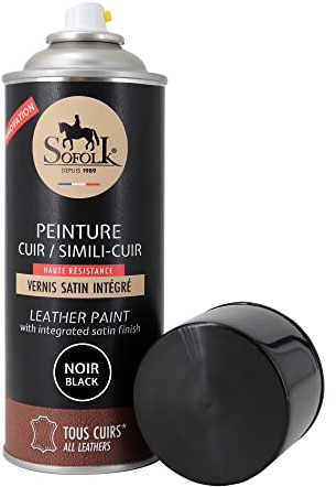 Sofolk - Peinture Cuir avec Vernis intégré - Recoloration Cuir Abimé, Rayé, Griffé, Décoloré : Volant, Siège Auto, Canapé, Chaussure, Veste et Vêtements - 400ml - 01-Noir