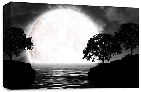LR Abstract Landscape Wall Art Picture Grey Black White Big Moon Seascape Framed Canvas Print
