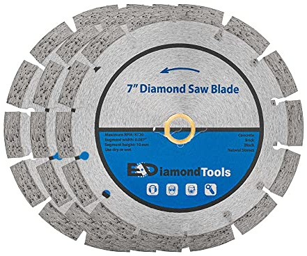 7 Segmented Diamond Saw Blade for Concrete, Brick, Block and Masonry, 10mm Segment Height, 7/8 Bushing w/Diamond Arbor, 3-Pack