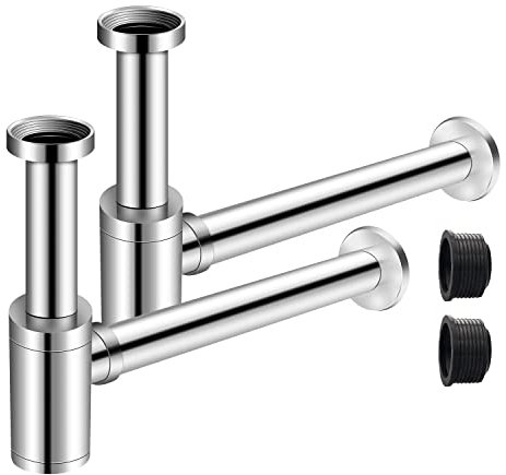 EXLECO 2Pcs Siphon 1 1/4 x Ø 32mm Edelstahl Siphon mit Gummirosette Geruchsverschluss Verstellbar Universal Röhrensiphon Verchromt Röhrengeruchsverschluss für Waschbecken Waschtisch