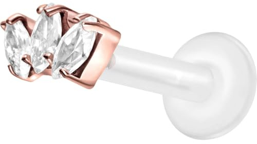 PIERCINGLINE PTFE Labret mit Gewinde TITAN AUFSATZ 3 Kristalltropfen Piercing Lippe Nase Ohr Helix Roségoldfarben 1,2 x 5 mm