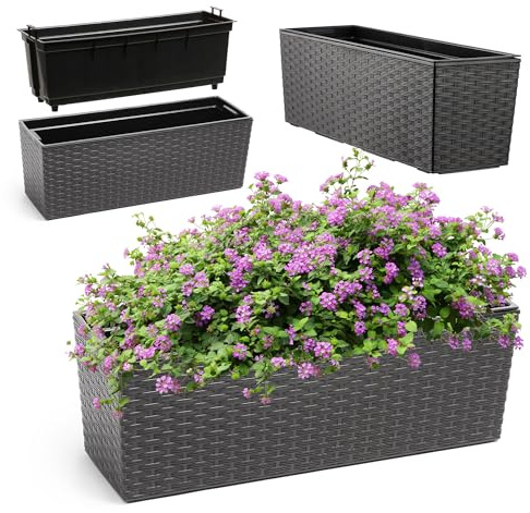 KADAX Blomlåda av plast, 18,5 x 56 cm, växtlåda med insats, väderbeständig balkonglåda, rektangulär blomkruka för utomhusbruk (rottingmönster, grafit)