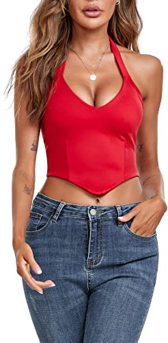 EVELIFE - Camisetas cortas para mujer con escote profundo en V sexy, chaleco sin mangas, corset, camisetas tipo bustier, camisetas de verano, rosso, S