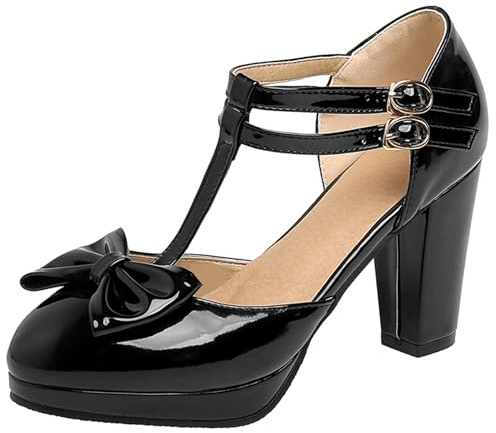 Lroey Reoly Women Mary Jane Shoes, Almond Toe High Heel Sandals Buckle Solid Block Heel Mary Jane Shoes T Strap with Platform Bows, 1796VIN Black Size 5 UK/39