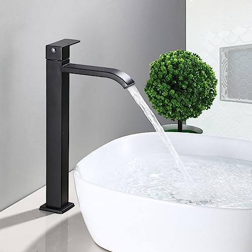 Waschtischarmatur Wasserfall Hoch Einloch Wasserhahn Nur für Kaltwasser Einhebel Wasserfall Wasserhahn Hoch,schwarz B