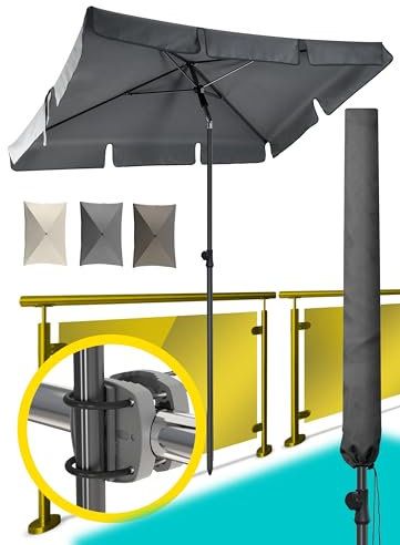 Menz Sonnenschirm Balkon als Sonnenschutz Balkon 3-IN-1 SET - UPF 50+ Sonnenschirm rechteckig 200 x 125 cm in Anthrazit + Sonnenschirmhalter Balkongeländer + Sonnenschirmhülle