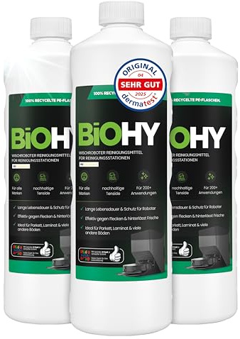 BiOHY Produit de nettoyage pour robot aspirateur (3 x 1l Bouteille) | Spécialement conçu pour les stations de nettoyage | Prolonge la durée de vie de la station d'aspiration (Wischroboter Station)