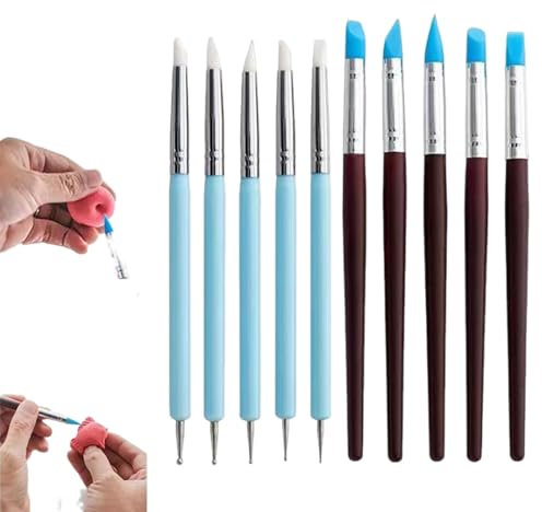 Ksvaye 10 Stück Modellierwerkzeug Ton Werkzeug Set Silikon Pinsel Doppelkopf Modelier Sculpting Fondant Werkzeug Dotting Tool Töpferwerkzeug Set für Keramik Skulptur Malerei Nail Art