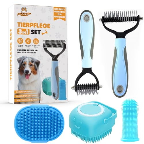 Pikarsso Tierpflege 3in1 Set aus Fingerzahnbürste, 3 Silikon Badebürsten, Unterfellbürste für Katzen und Hunde - Haustierpflege-Set, Zahnpflege, Zahnreinigung, Fellpflege für Haustiere