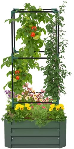 Outsunny Upphöjd bädd med växtstöd, blomlåda med öppen mark, grönsaksbädd, växtlåda, örtbädd för trädgård, balkong, galvaniserat stål, grön, 61 x 61 x 140 cm
