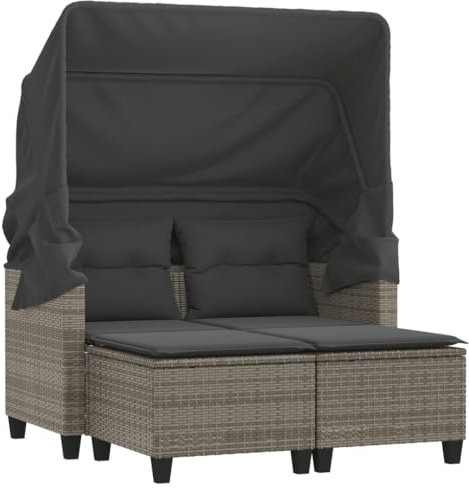 vidaXL Gartensofa 2-Sitzer mit Dach Hockern, Outdoor Sofa Gartenmöbel, Garten Lounge Set Terrasse, Terrassenmöbel Zweisitzer, Grau Poly Rattan