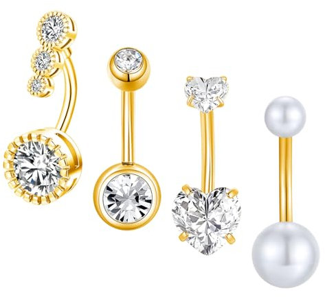 Gojewen 4er Bauchnabelpiercing 8mm Gold Chirurgenstahl Piercing Bauchnabel Bauchpiercing Herz Perle Kristall Damen Frau