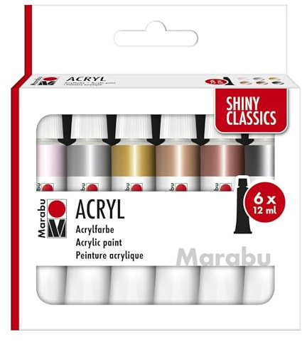 Marabu Acrylfarben Set SHINY CLASSICS, 6 x 12 ml metallisch schimmernde Farben, leicht vermalbar, schnell trocknend, lichtecht, wetterfest, für viele Maltechniken und Untergründe, 1210000000212