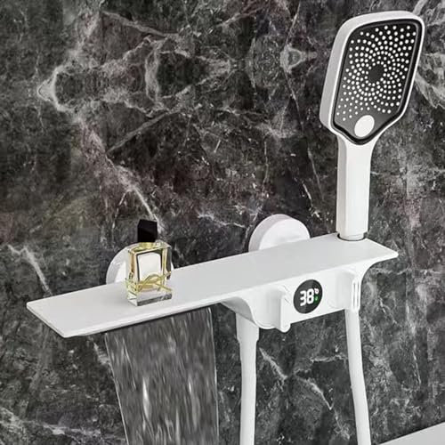 XJTNLB Badewannenarmatur Wasserfall Weiß Wasserhahn Wandmontage Temperaturanzeige Mischbatterie Badewanne mit Brause Duscharmatur Einhebelmischer