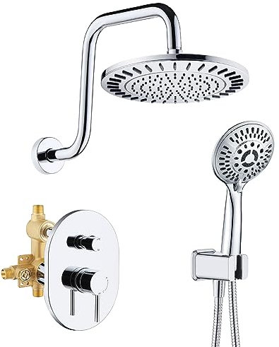 BRIGHT SHOWERS Duscharmatur-Set, Duschkopfsystem mit Regenduschkopf und Handbrause Combo, Ventil und Verkleidungsset, komplette Duscharmaturen für Badezimmer, Chrom
