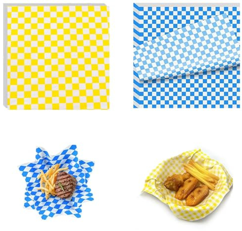 200 Pcs Greaseproof Paper Sheets, 18x18 cm Greaseproof Paper, Burger Sheets, for Wrapping Bread, Hamburger and Sandwiches (Blue and Yellow Grid Colors)