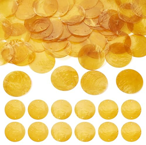 Cheriswelry 50 Pcs Natural Shell Pieces Flat Round Shell Beads 2 Holes Sea Shell Discs for Wind Chimes Curtain Window Decoration, Gold