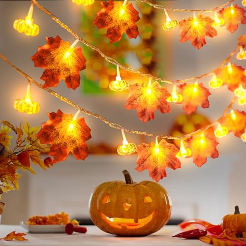 DZAY Herbstdeko Lichterkette Deko Herbst Innen,Herbst Girlande mit Licht Ahornblätter Kürbis Lichterketten 4m 40 LEDs,Herbst Dekoration Hängend Girlande for Erntedankfest Herbstdeko Aesthetic (6m)
