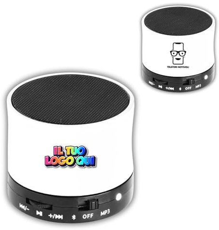 D&Vlab MINI CASSA PORTATILE Voce SD USB MP3 FM Bluetooth Speaker Altoparlante Wireless Personalizzata con Logo Testo per Viaggi, Casa, Escursioni- Gadget Aziendale Pubblicitario