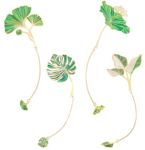 4stk Metall-Lesezeichen, Lesezeichenanhänger Lesezeichenkette Florales Metall-Lesezeichen Ginkgo Bananenblatt Lotusblatt Monstera Metall-Lesezeichen für Buchlehrer Leser Geschenk