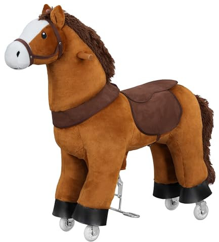 WOLTU Stehpferd auf Rollen, Reitpferd mit Klangfunktion für Kinder ab 4 Jahren, Plüschpferd zum Sitzen, geeignet für drinnen und draußen, aus Holz und Metall, Braun