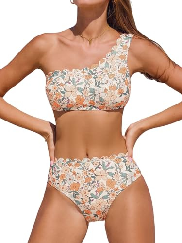 CUPSHE Bikiniset för kvinnor en axel mitt stiga skulpterad bred rem bakkrok två delar badkläder, Gul/orange blommig, L