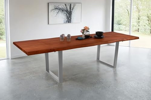 SAM Esstisch Cali mit Ansteckplatten | 200 x 100 cm (erweiterbar auf 300 x 100 cm) | Akazie massiv & nussbaumfarben | echte Baumkante | U-Gestell Metall Silber | Baumkantentisch/Esszimmertisch