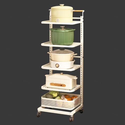 Scaffale da cucina con ruote, per pentole e padelle, design ad angolo, bianco, con 5 ripiani, 4 ripiani e 1 cestino