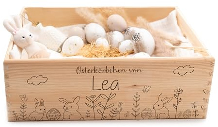 Kidsmood – Holzkiste zu Ostern mit Wunschnamen – Personalisierte Osterkiste mit niedlicher Osterdeko und Osterhasen, nachhaltige Alternative zum Osterkörbchen – Ideales Ostergeschenk für Kinder