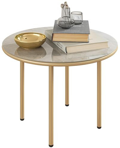 Outsunny Round Coffee Table, Modern End Side Table with Faux Marble Tempered Glass Top, Steel Frame for Living Room, Bedroom, Office, Beige