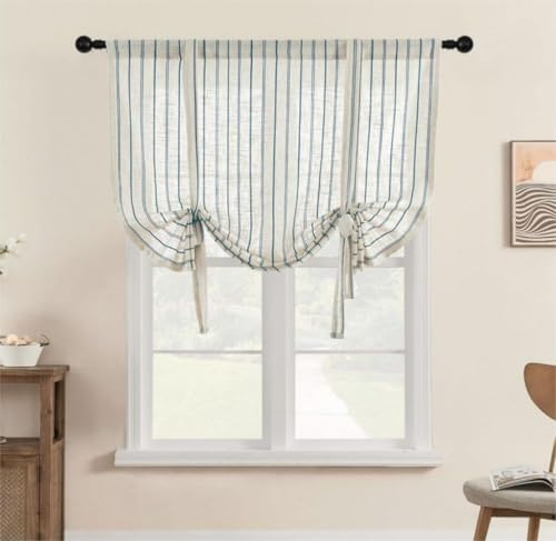 Yaland Leinenoptik Raffrollo mit Blaue-Streifen Muster Bindegardine Landhaus für Dein Fenster Gardinen für Wohnzimmer 1 Stück HxB 120x60cm