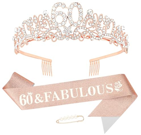 KIUEZIR 60. Geburtstagskrone & Schärpe Set in Roségold - Haltbare Legierung & Strass Blumen Tiara Diadem mit Anti-Rutsch Kämmen, Glitzer Schärpe & Perlen-Stecknadel für Deko 60 Geburtstag
