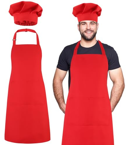 Livdouyu Set con cappello da cuoco e grembiule con due tasche, rosso | Grembiule da cucina alto regolabile, impermeabile, con cappello elastico per uomini e donne