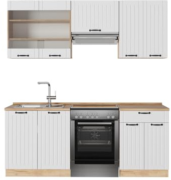 Vicco Küchenzeile Fame-Line, Weiß Landhaus, 200 cm, AP Eiche