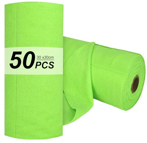 YYTECH Mikrofaser Reinigungstücher 50 Stück Abreißbare Putztücher Wiederverwendbare Lappen auf Rolle Abreißbare Putzlappen in 30x30cm für Auto, Haus und Küche (Fluoreszierendes Grün)