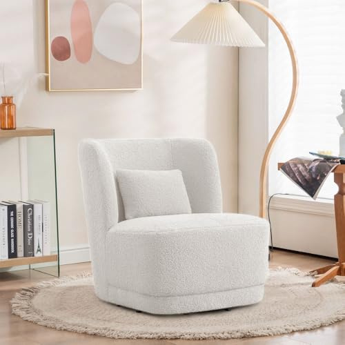 Warmiehomy Swivel Teddy Swivel Tub Chair Comfy Fabric Accent Chair with Pillow Snuggle Barrel Chair for Lounge Single Sofa for Dining Living Room Bedroom Office (White/68x72x75cm)