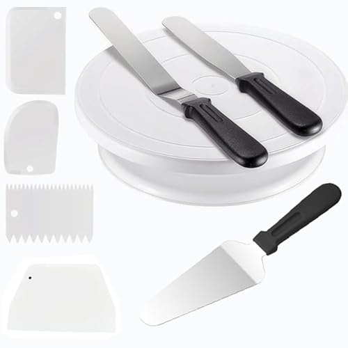 8Pcs White Cake Turntable Decorating Kit: 1 Features Cake Stand, 3 Frosting Spatulas & 4 Icing Scrapers – White Decorating Kit Baking Supplies for Beginners and Pros