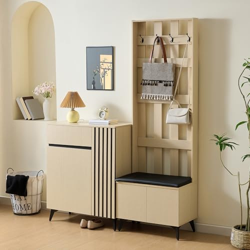 Bladez Set appendiabiti con panca e credenza, moderno corridoio, rovere grigio chiaro, scarpiera con seduta imbottita, gambe in metallo, per ingresso e camera da letto