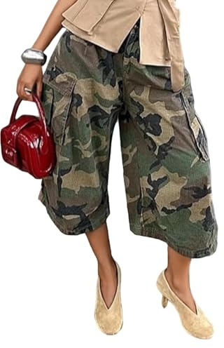 Gugujing Women's Camo Pants High Waisted Wide Leg Barrel Loose Fit Camouflage Cargo Trousers(Large)