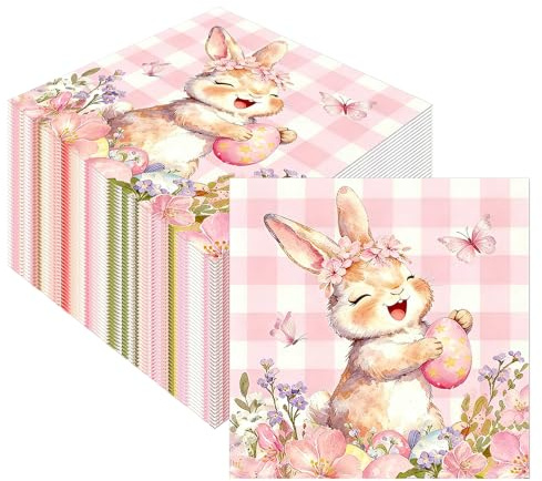 60PCS Serviettes de Pâques Jetables, Lapin Œufs Fleurs Buffalo Serviette de Table, Printanières Papier Serviettes Pâques Serviette Décoratives Pour Pâques Brunch et Fournitures de Fête de Jardin