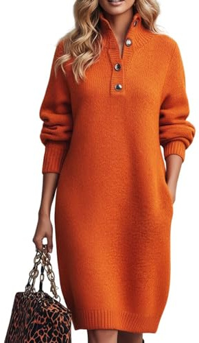 AMISENK Élégante robe pull en tricot à manches longues pour femme avec boutons sur le devant, en polyester chaud pour une occasion quotidienne, robe pull à col en V, C, M
