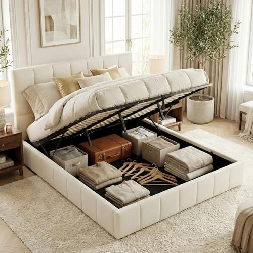 CLP Polsterbett mit Stauraum Ladia, Bettgestell für Matratzen, Lattenrost mit Lift-Mechanismus, Doppelbett mit Stoffbezug, bis 300 kg, Farbe:Creme, Größe:180 cm