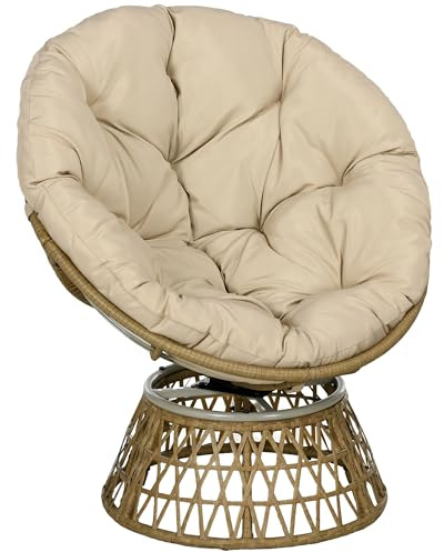 Outsunny Sillón Papasan Giratorio 360° de Ratán Sintético, Silla Redonda de Mimbre PE con Cojín y Marco de Acero, Resistente a Intemperie, Carga 120 kg, para Jardín, Terraza, 85x70x82 cm, Amarillo
